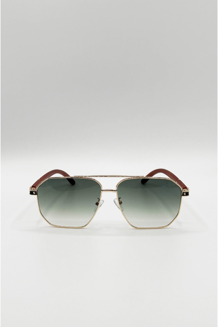 Retro Square Navigator Sunglasses In Green Brown SG2604317