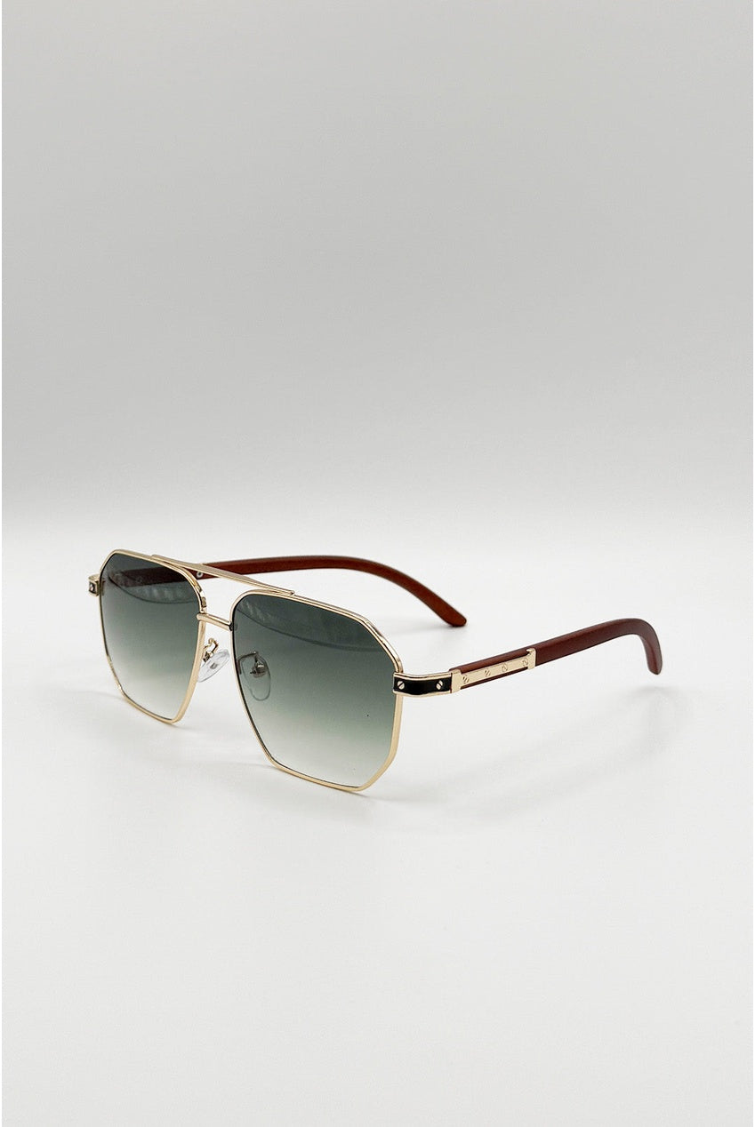 Retro Square Navigator Sunglasses In Green Brown SG2604317