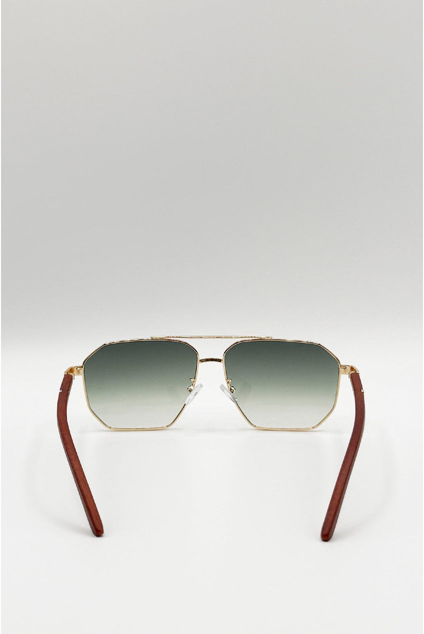 Retro Square Navigator Sunglasses In Green Brown SG2604317