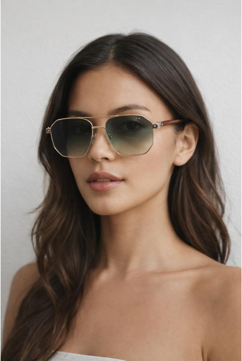 Retro Square Navigator Sunglasses In Green Brown SG2604317