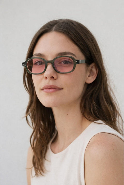 Retro Rounded Square Sunglasses In Green Pink by SVNX