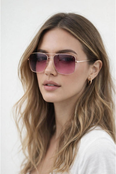Pink - Aviator Style Square Frame Sunglasses In Gold Pink by SVNX