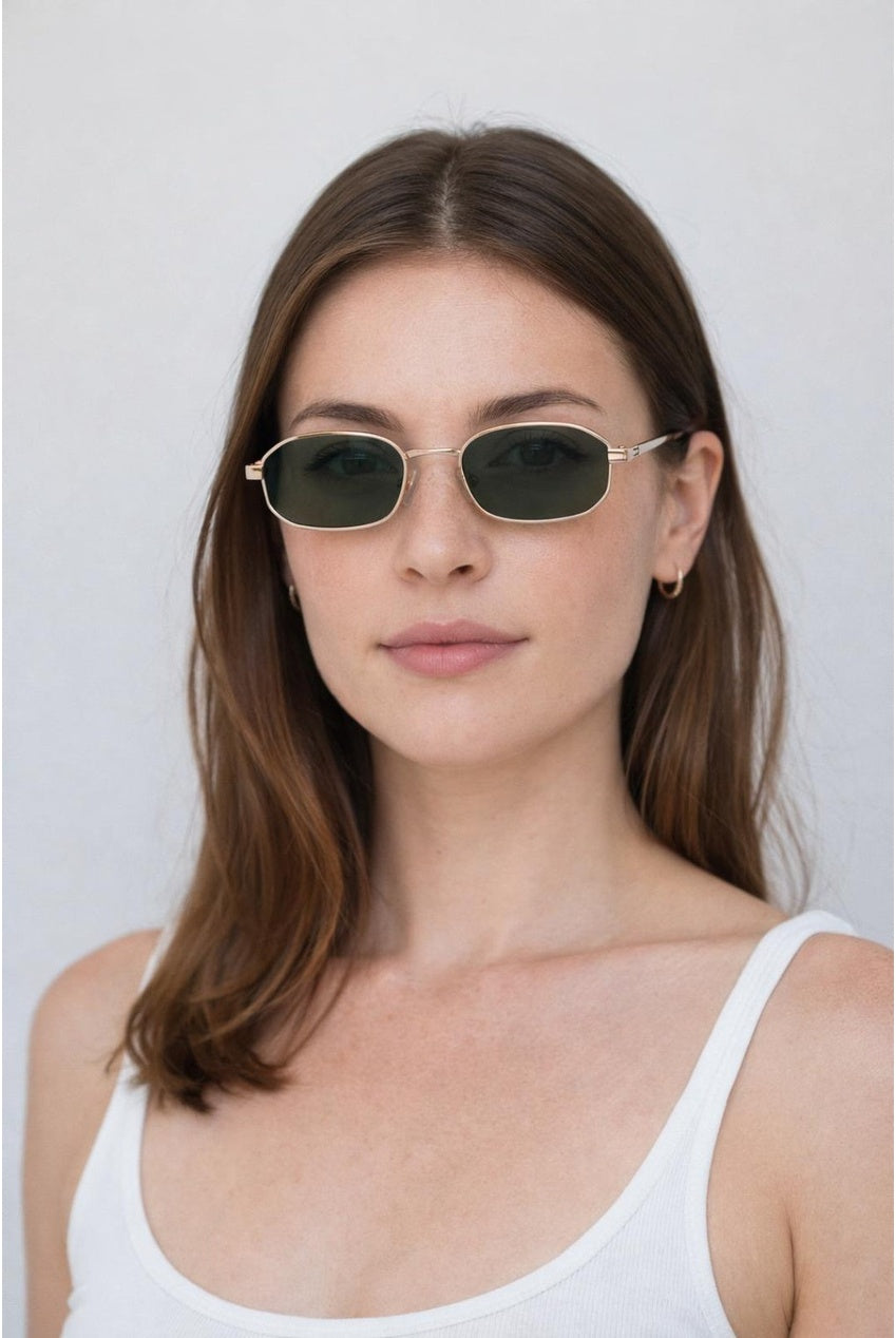 Slim Metal Oval Frame In Gold With Khaki Lenses SG2607824
