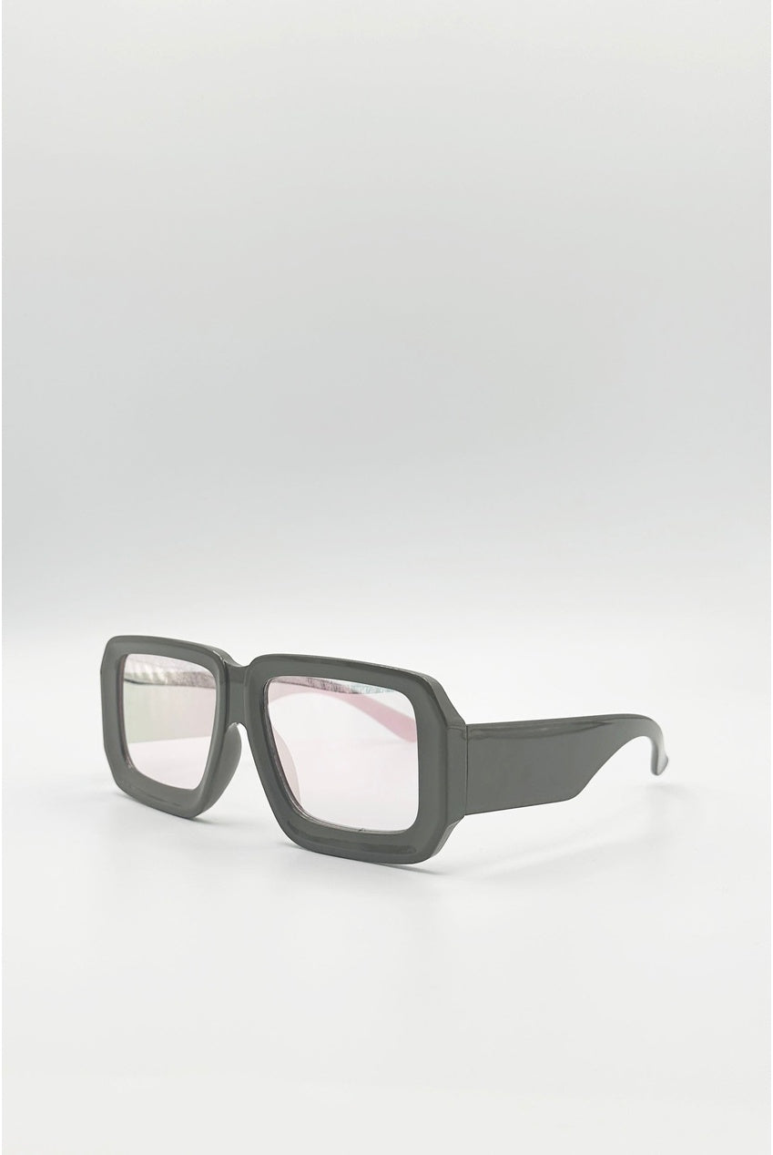 Oversized Square Frame Sunglasses In Mud Grey With Pink Mirror Lenses SG2608109