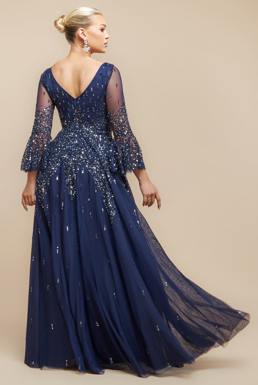 Sunray Hand Embellished Sequin A-Line Bell Sleeve Maxi Dress - Navy Blue DR4654