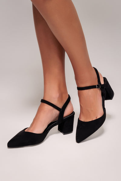Black - Pointed Slingback Block Heels - Black by Goddiva