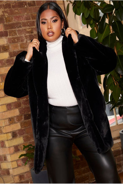 Black - Plus Size Plush Faux Fur Coat In Black by Chi Chi London