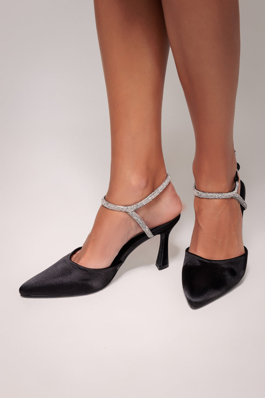 Diamante Embellished Satin Slingback Court Heels - Black Satin SH14