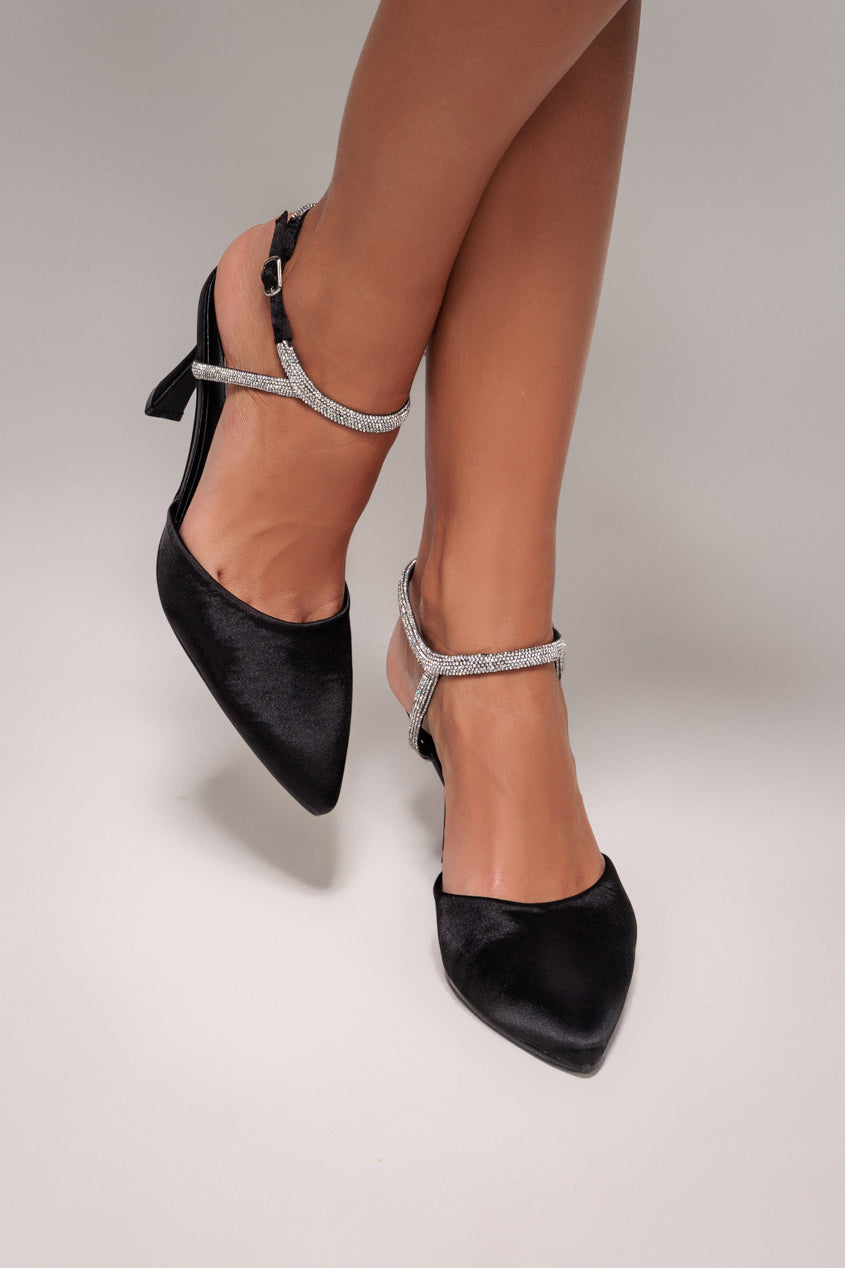 Diamante Embellished Satin Slingback Court Heels - Black Satin SH14