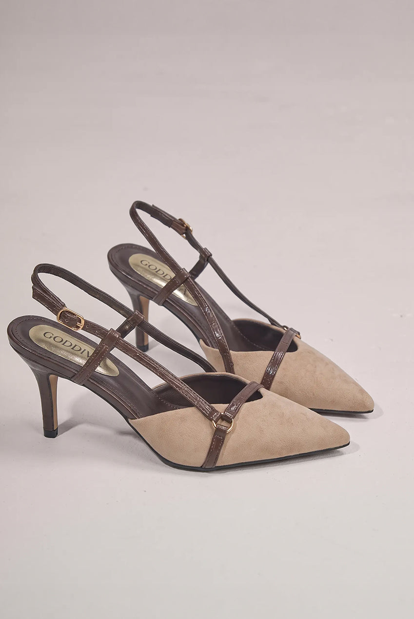 Pointed Slingback Heels With Croc-Style Straps - Beige SH19