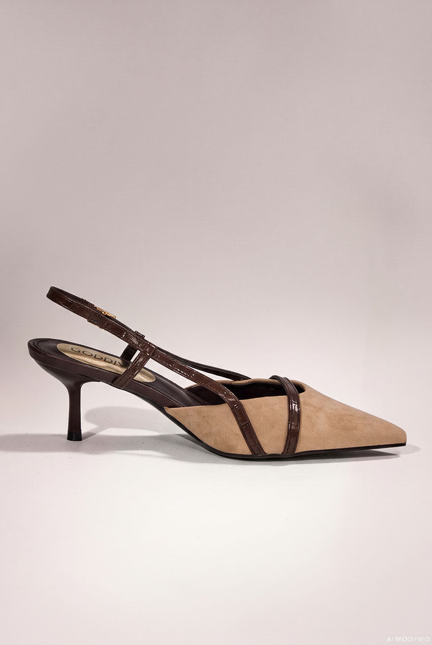 Pointed Slingback Heels With Croc-Style Straps - Beige SH19