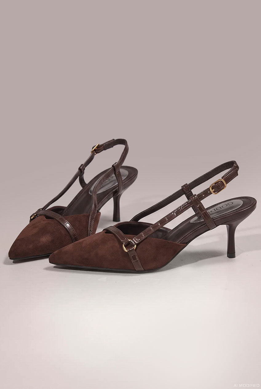 Pointed Slingback Heels With Croc-Style Straps - Brown SH19