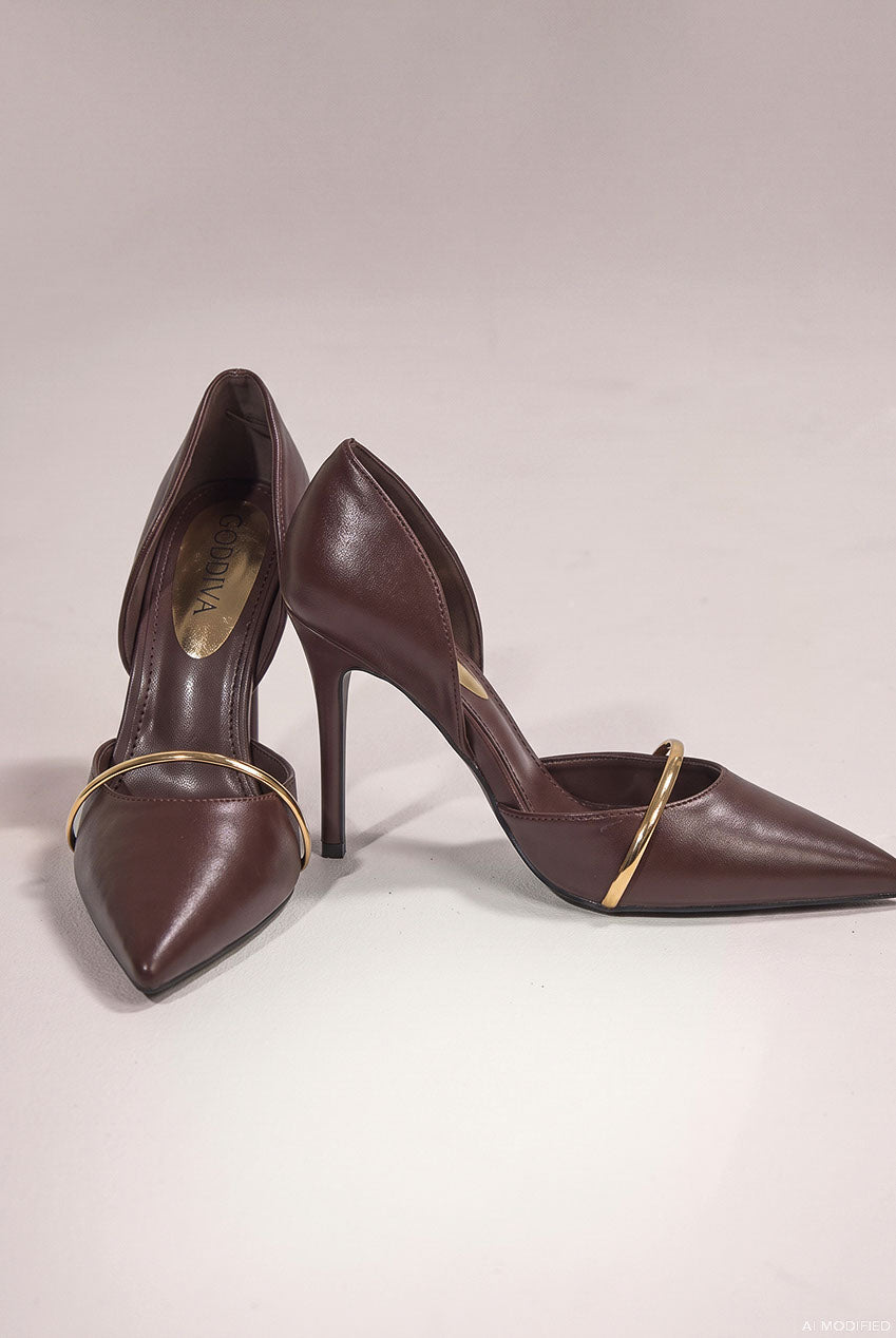 Pointed Toe With Gold Strap Stiletto High Heel - Brown SH21