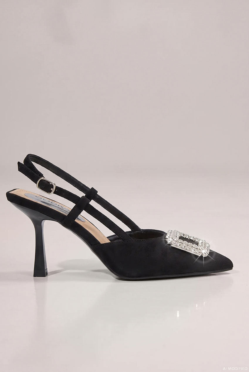 Diamante Buckle Embellished Pointed Toe Sling Back High Heel - Black SH23