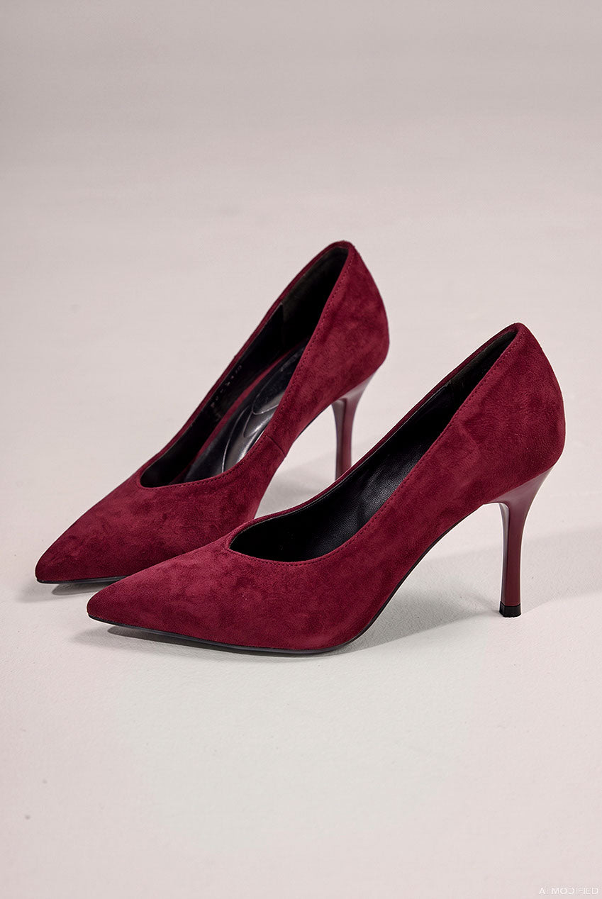 Classic Low Cut Stiletto Style Suede Court Heels - Wine SH24