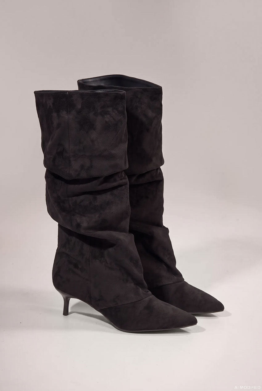 Pointed-Toe Knee High Slouchy Kitten Heel Boots - Black SH26