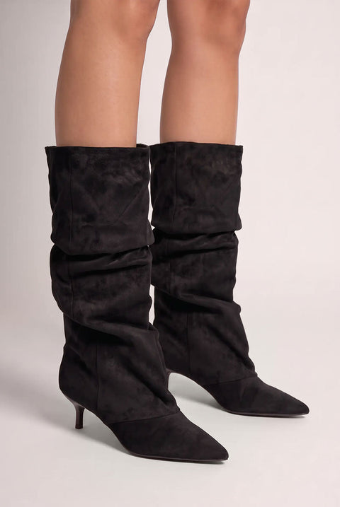 Pointed-Toe Knee High Slouchy Kitten Heel Boots - Black by Goddiva