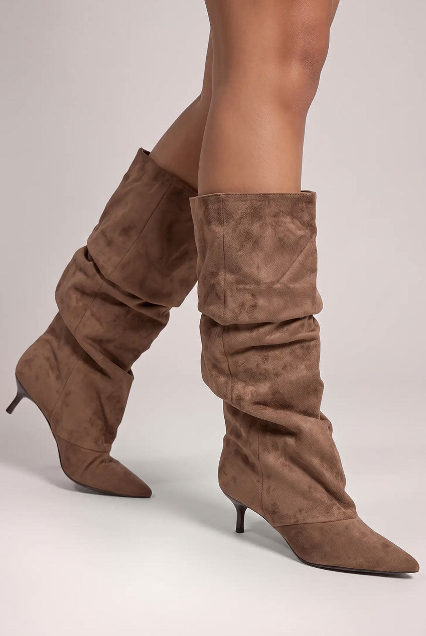 Pointed-Toe Knee High Slouchy Kitten Heel Boots - Khaki SH26