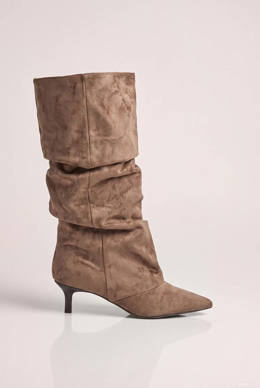 Pointed-Toe Knee High Slouchy Kitten Heel Boots - Khaki SH26