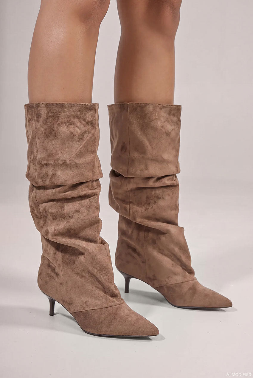 Pointed-Toe Knee High Slouchy Kitten Heel Boots - Khaki SH26