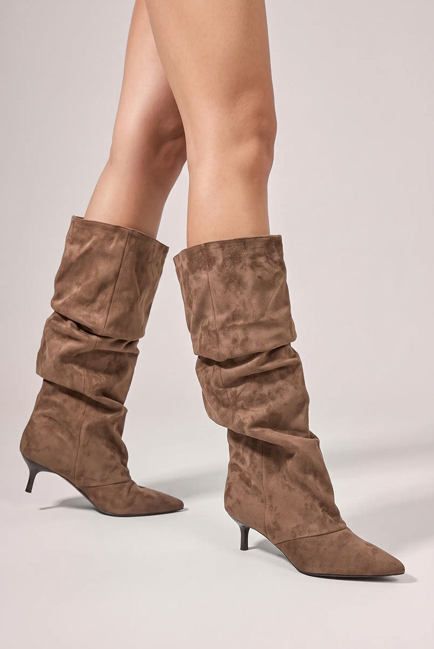 Pointed-Toe Knee High Slouchy Kitten Heel Boots - Khaki SH26