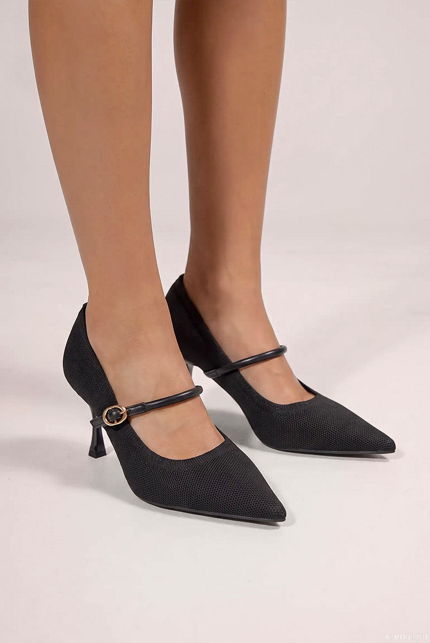 Pointed Toe Mary Jane High Court Heels - Black SH27