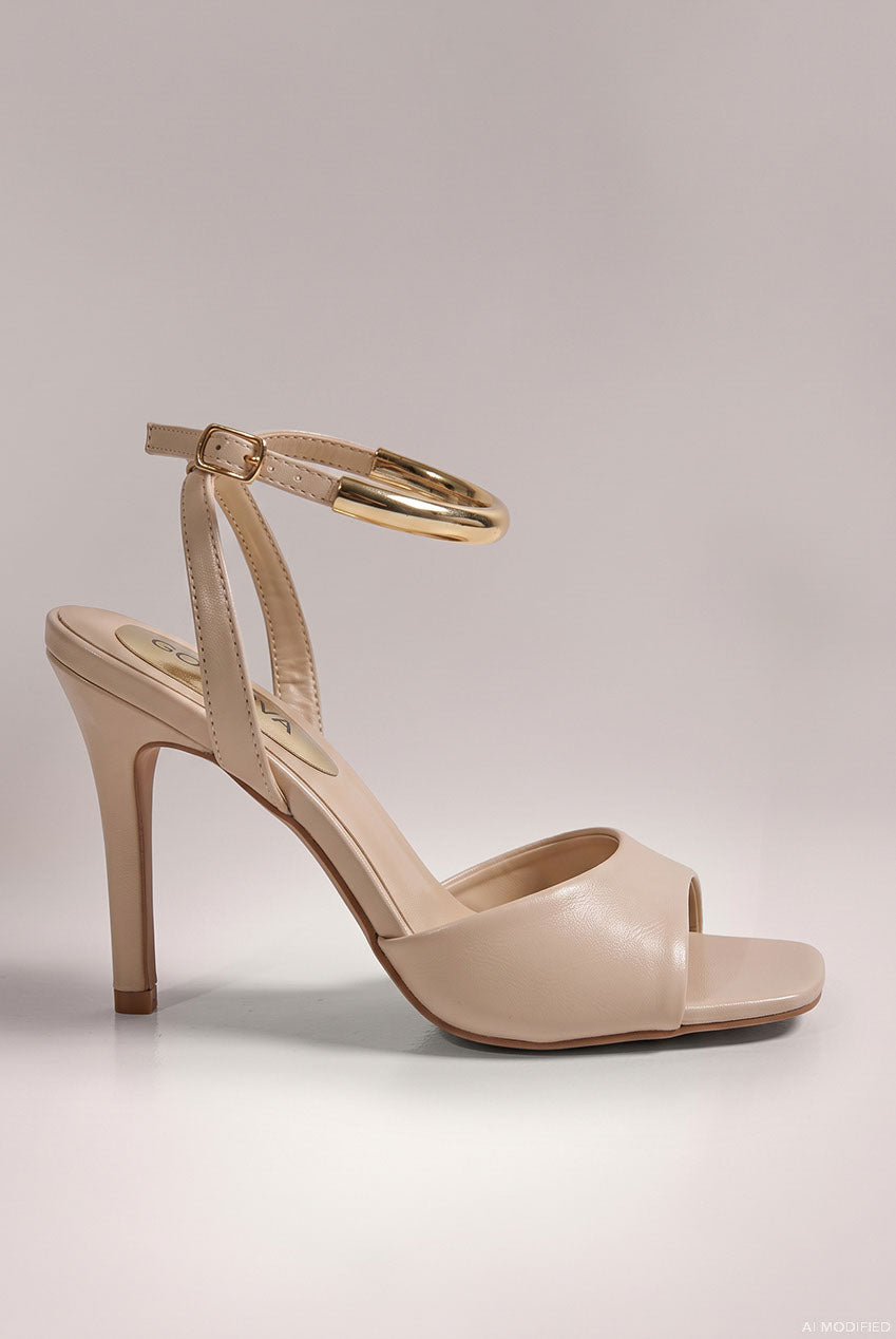 Square Toe High Heel Sandals With Gold Ankle Strap - Cream SH28