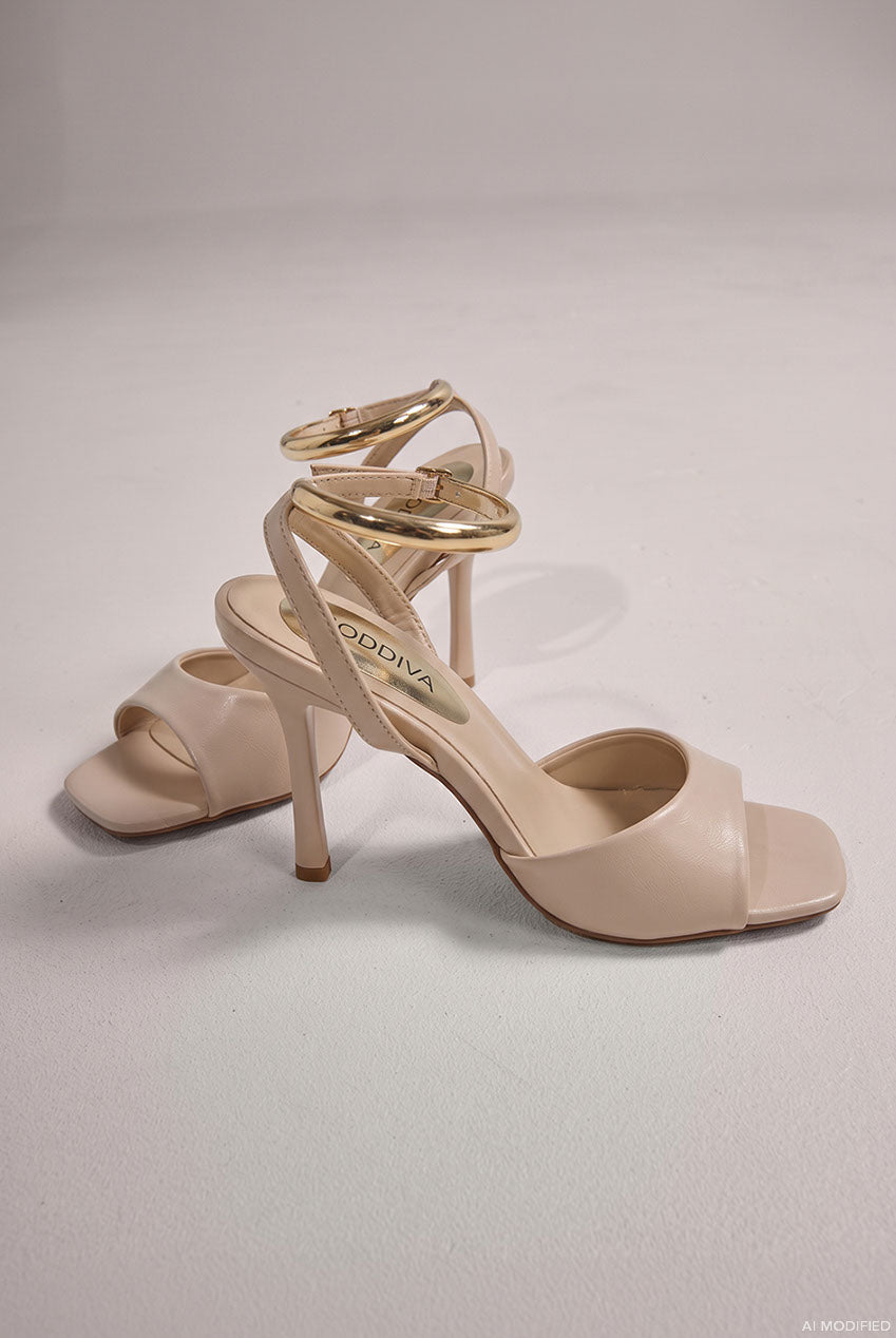 Square Toe High Heel Sandals With Gold Ankle Strap - Cream SH28