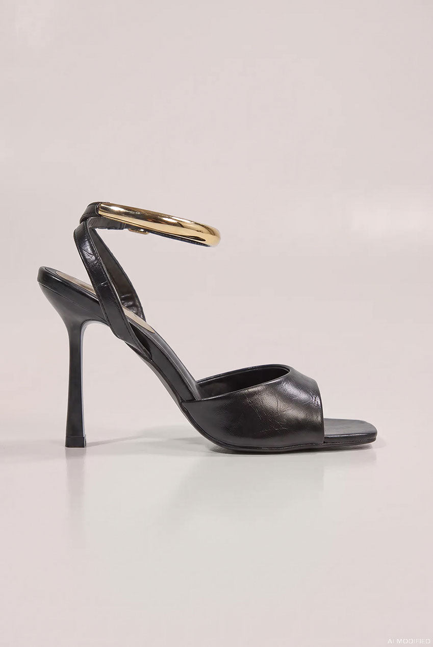 Square Toe High Heel Sandals With Gold Ankle Strap - Black SH28