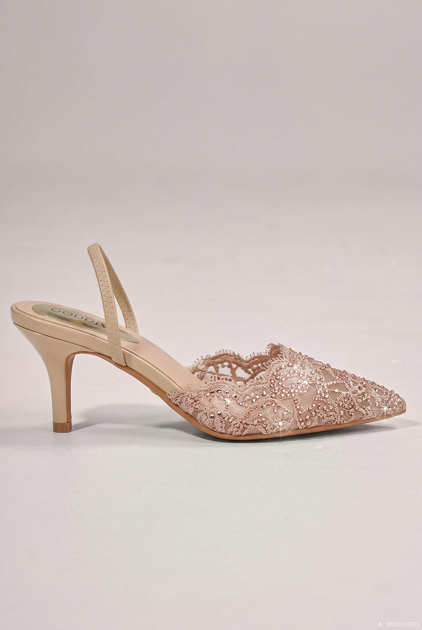 Embellished Scalloped Edged Lace Slingback Heels - Champagne SH29