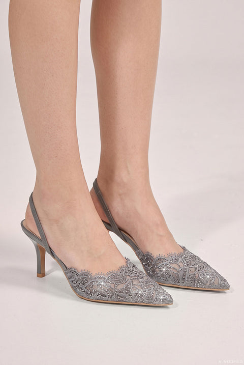 Embellished Scalloped Edged Lace Slingback Heels - Gunmetal by Goddiva