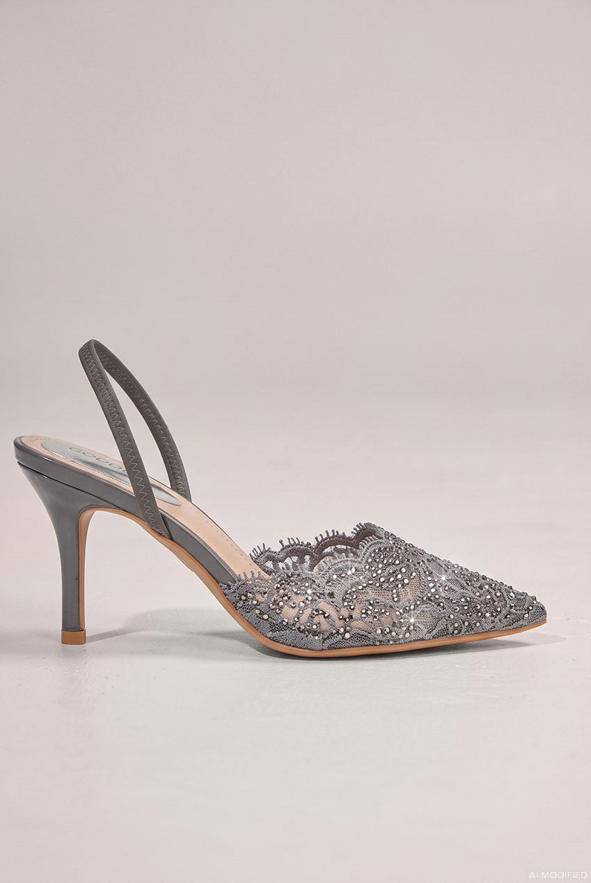 Embellished Scalloped Edged Lace Slingback Heels - Gunmetal SH29