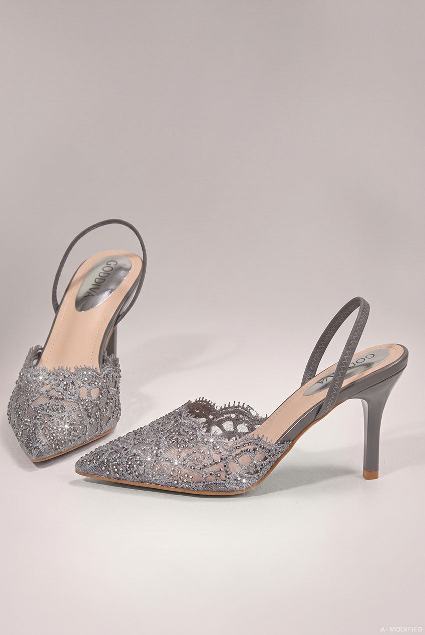 Embellished Scalloped Edged Lace Slingback Heels - Gunmetal SH29