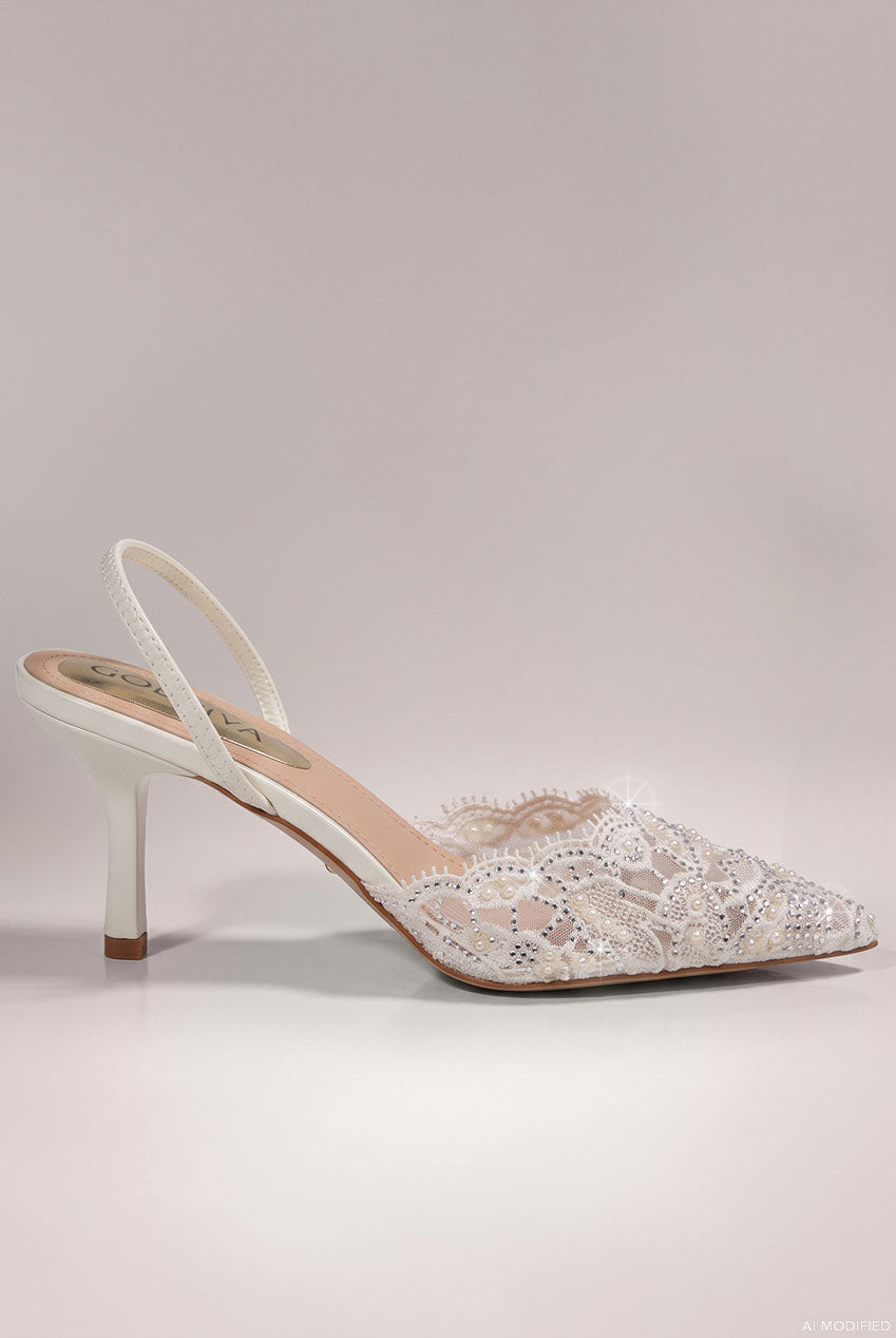 Embellished Scalloped Edged Lace Slingback Heels - White SH29