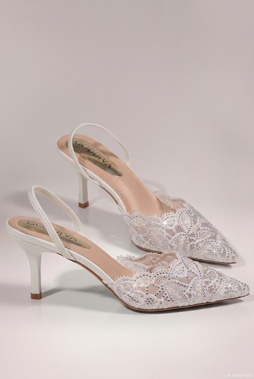 Embellished Scalloped Edged Lace Slingback Heels - White SH29
