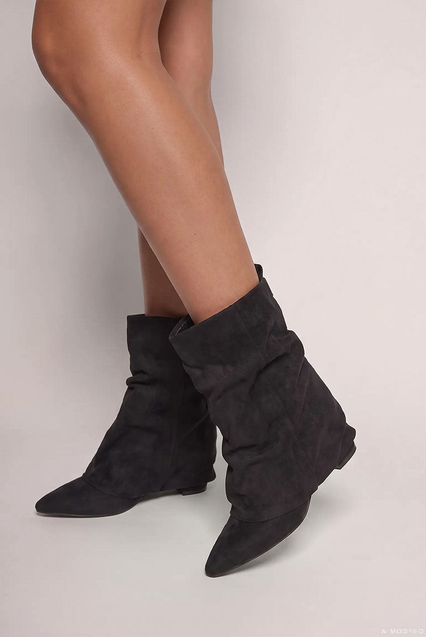 Mid Calf Slouchy Low Block Heel Boots - Black SH30