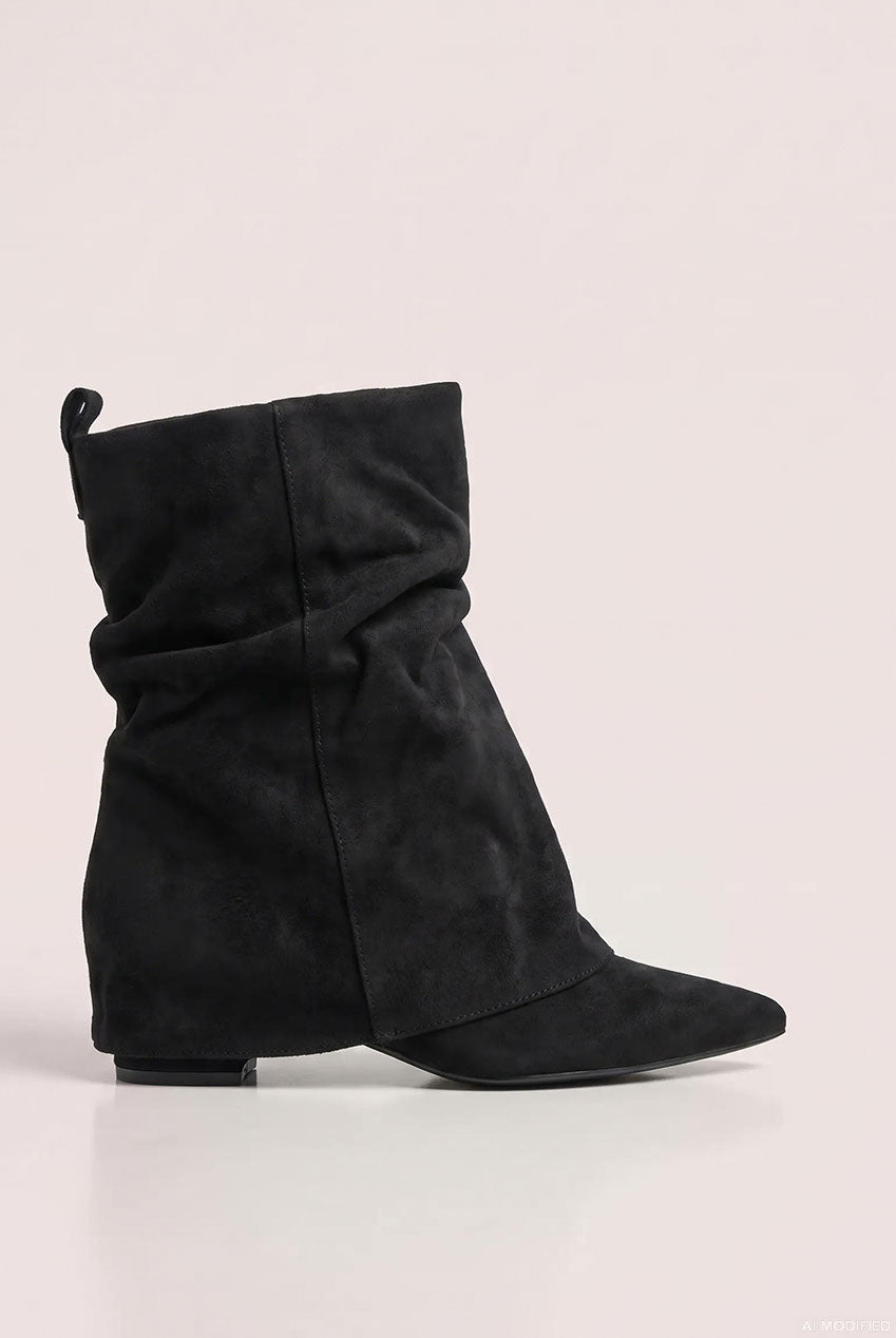 Mid Calf Slouchy Low Block Heel Boots - Black SH30