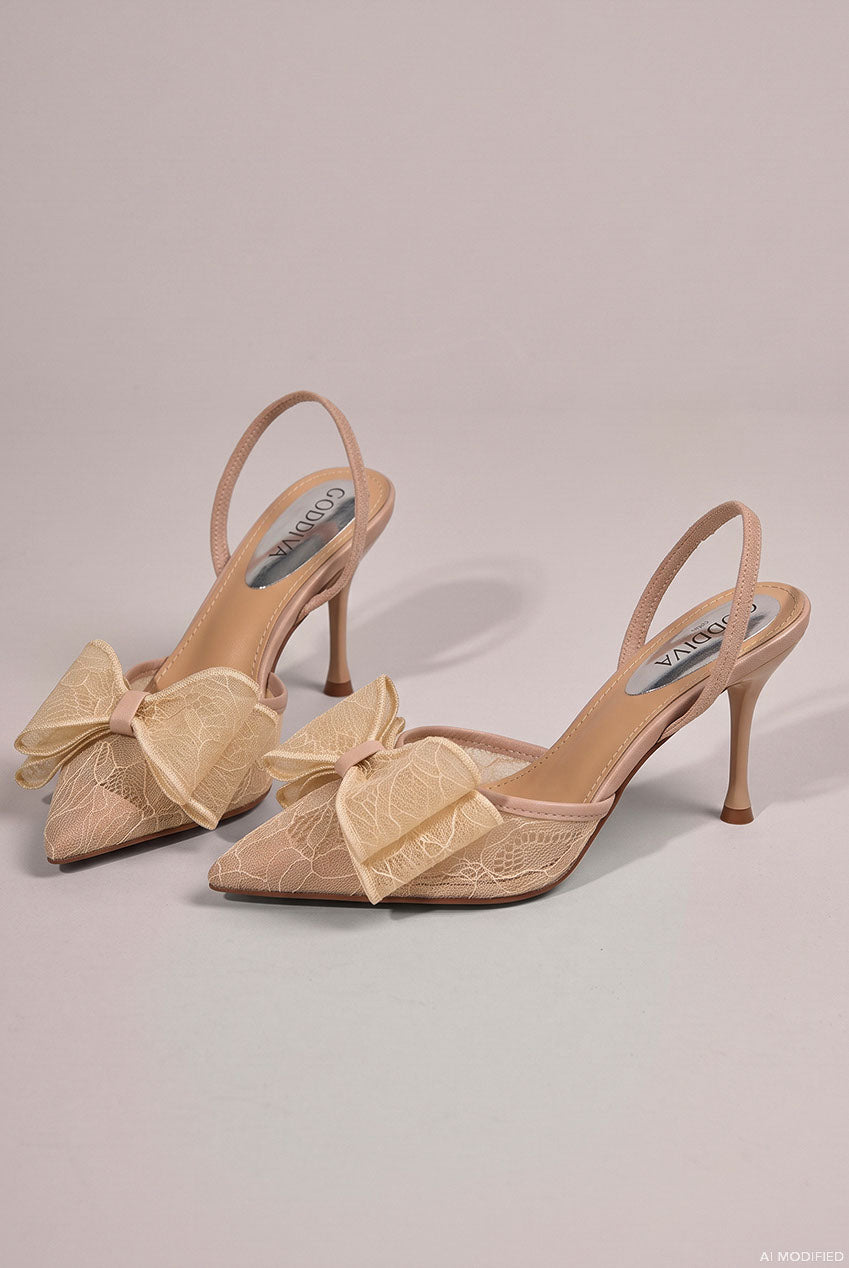 Pointed Toe Lace Bow  Stiletto Slingback Heels - Champagne SH31