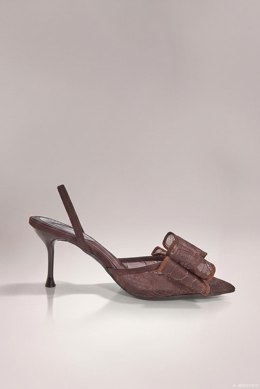 Pointed Toe Lace Bow  Stiletto Slingback Heels - Brown SH31