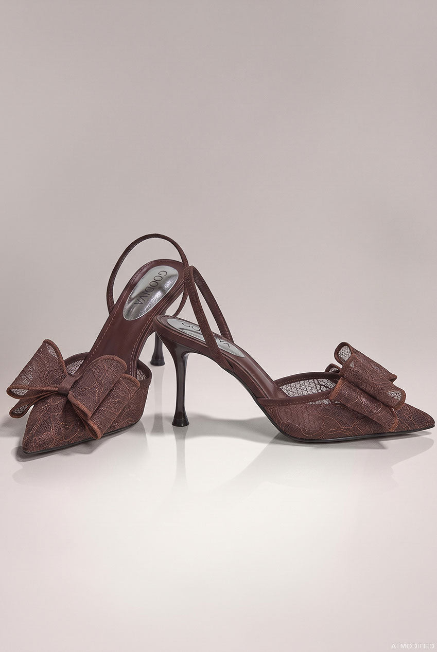 Pointed Toe Lace Bow  Stiletto Slingback Heels - Brown SH31
