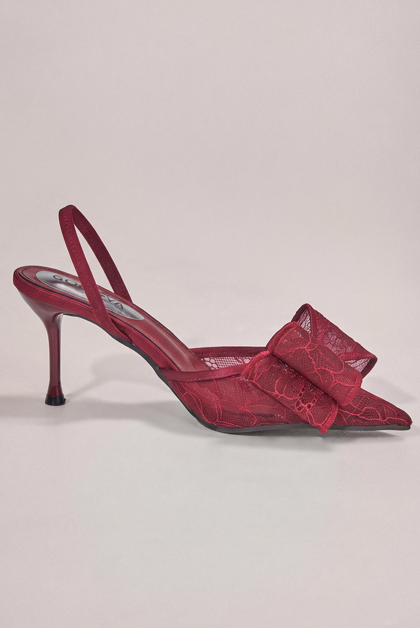 Pointed Toe Lace Bow  Stiletto Slingback Heels - Wine SH31