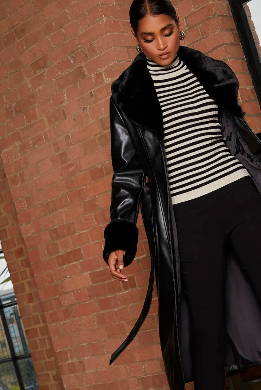 Faux Leather Longline Coat With Faux Fur Trim In Black SHCO60BK