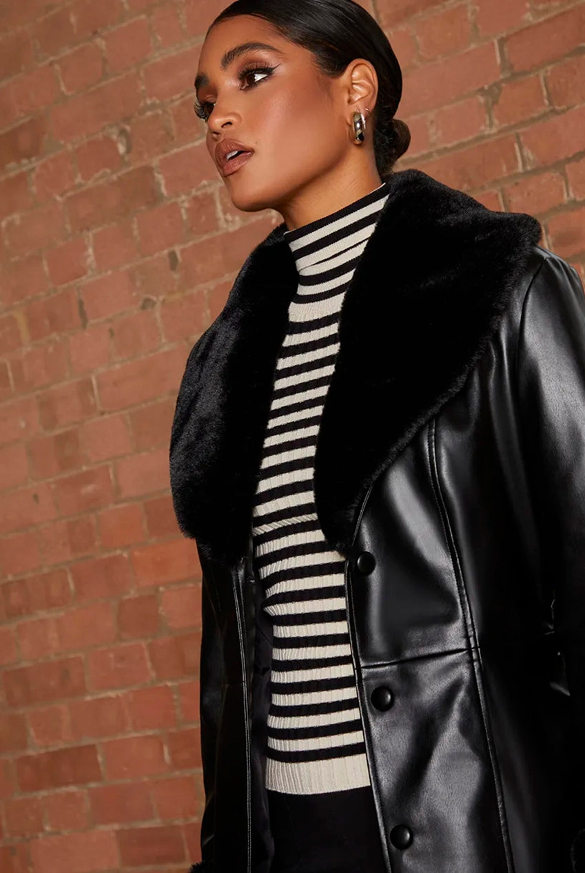 Faux Leather Longline Coat With Faux Fur Trim In Black SHCO60BK