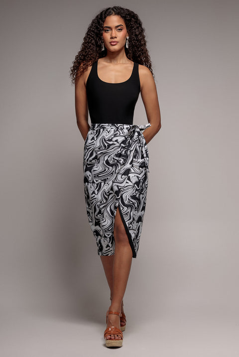 Printed High Waist Wrap Midi Skirt - Black by City Goddess