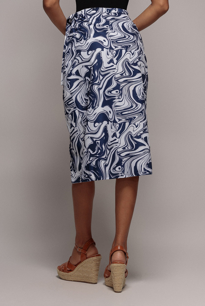 Printed High Waist Wrap Midi Skirt - Navy SK17