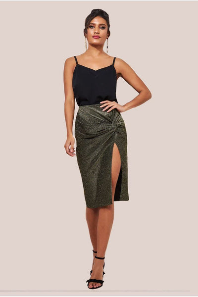 Gold - Knot Front Thigh Split Midi Skirt - Gold by Goddiva