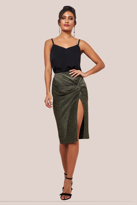 Knot Front Thigh Split Midi Skirt - Gold SK22