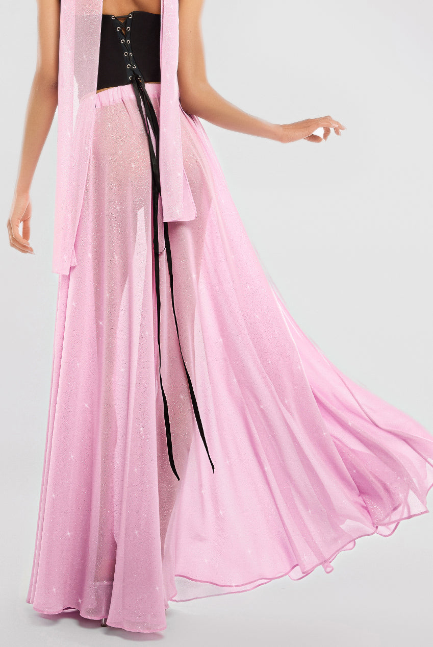 Gathered A-Line Glitter Chiffon Maxi Skirt SK30