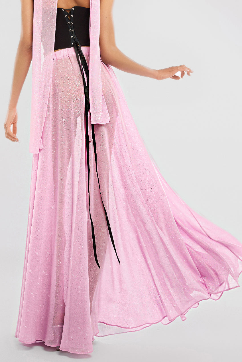 Gathered A-Line Glitter Chiffon Maxi Skirt SK30