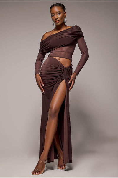 Super Split Front Drawstring Maxi Skirt - Brown by Goddiva